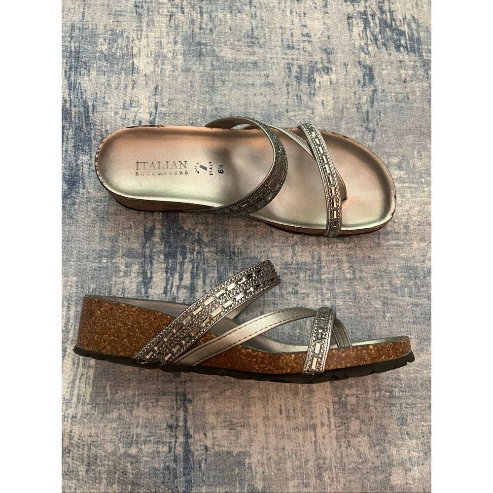 Italian Shoemakers Pewter Metallic Wedge Strappy Sandals Women's 6.5